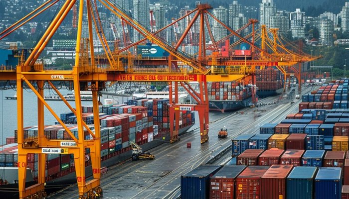 Grúas pórtico y contenedores apilados en terminal portuaria